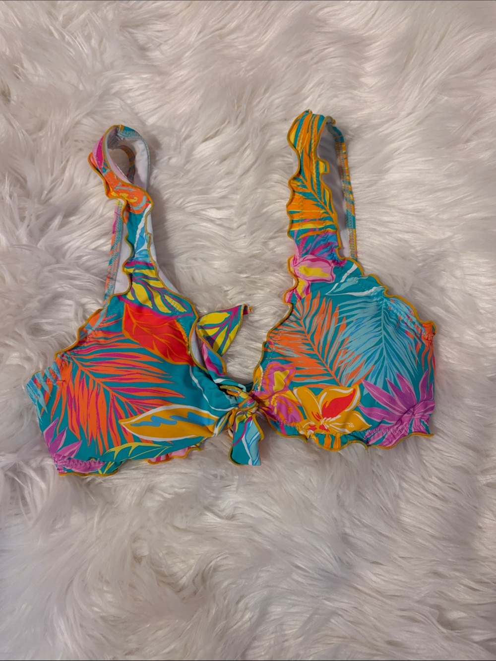 Hobie Tropical Floral Tie-Front Bikini Top in Turquoise, Orange, Pink